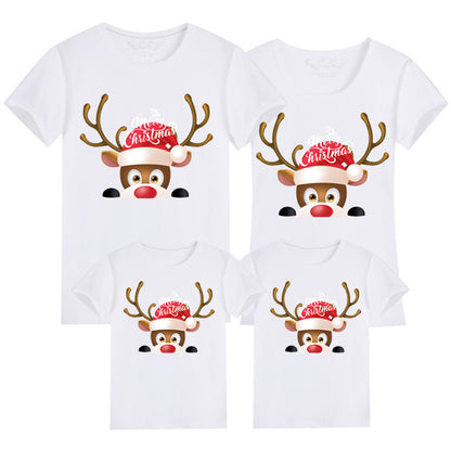 Holiday matching family t-shirt set with a reindeer in a Santa hat and joyful Christmas design