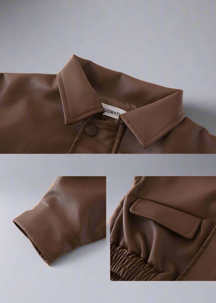 Minimalist brown leather jacket for kids, perfect for a coordinated family outfit