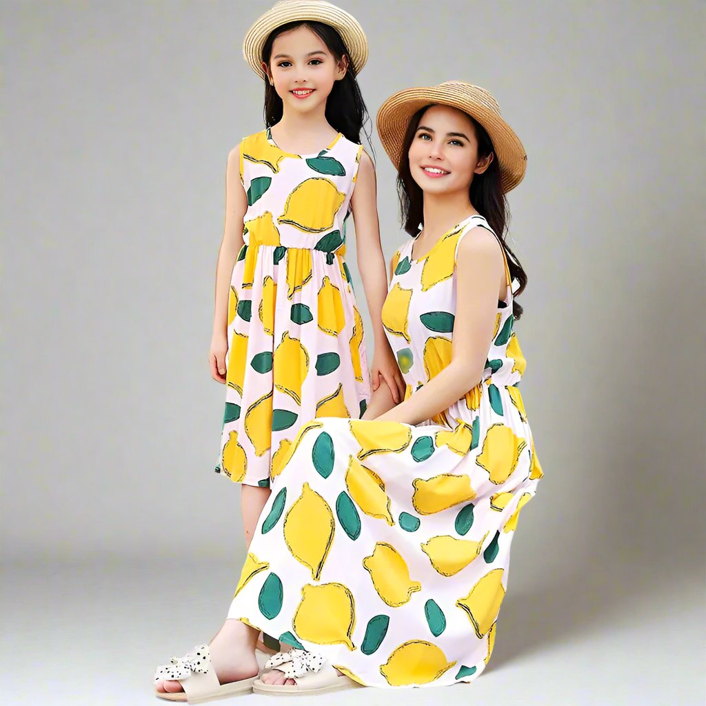 Lemon print matching sundresses for mommy and daughter