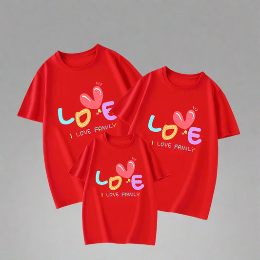 Colorful family matching shirts with 'Love' and 'I Love Family' text design