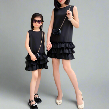 Mother and daughter in matching black ruffle dresses with mini crossbody purses