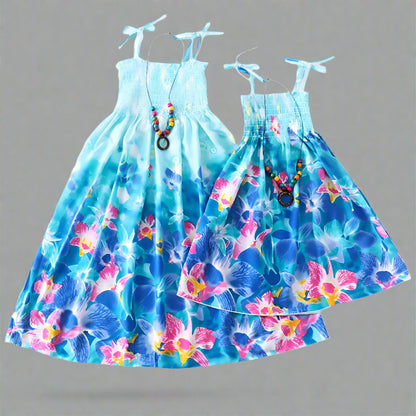 Tropical blue floral matching dresses for mommy and daughter