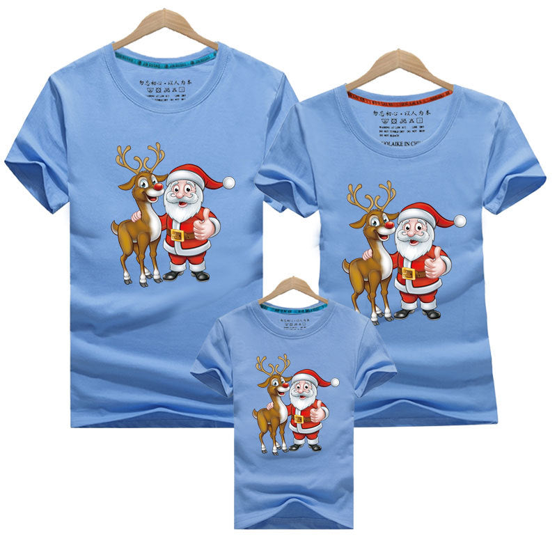 Blue family matching Christmas shirts with Santa and reindeer design for holiday outfits