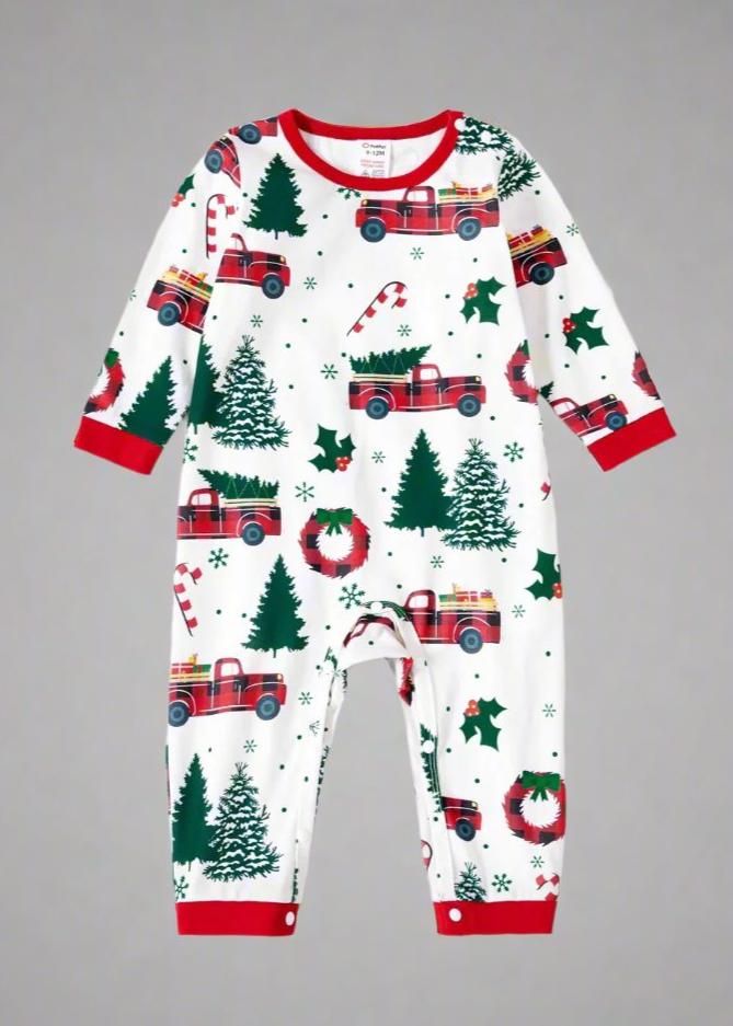 Family pajama set with red truck and holiday tree print, perfect for Christmas