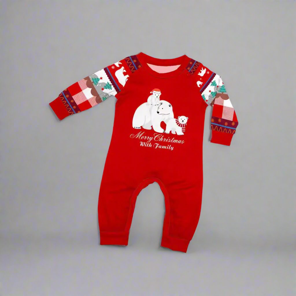 Christmas family pajama set with polar bear and Santa motif, designed for cozy holiday celebrations