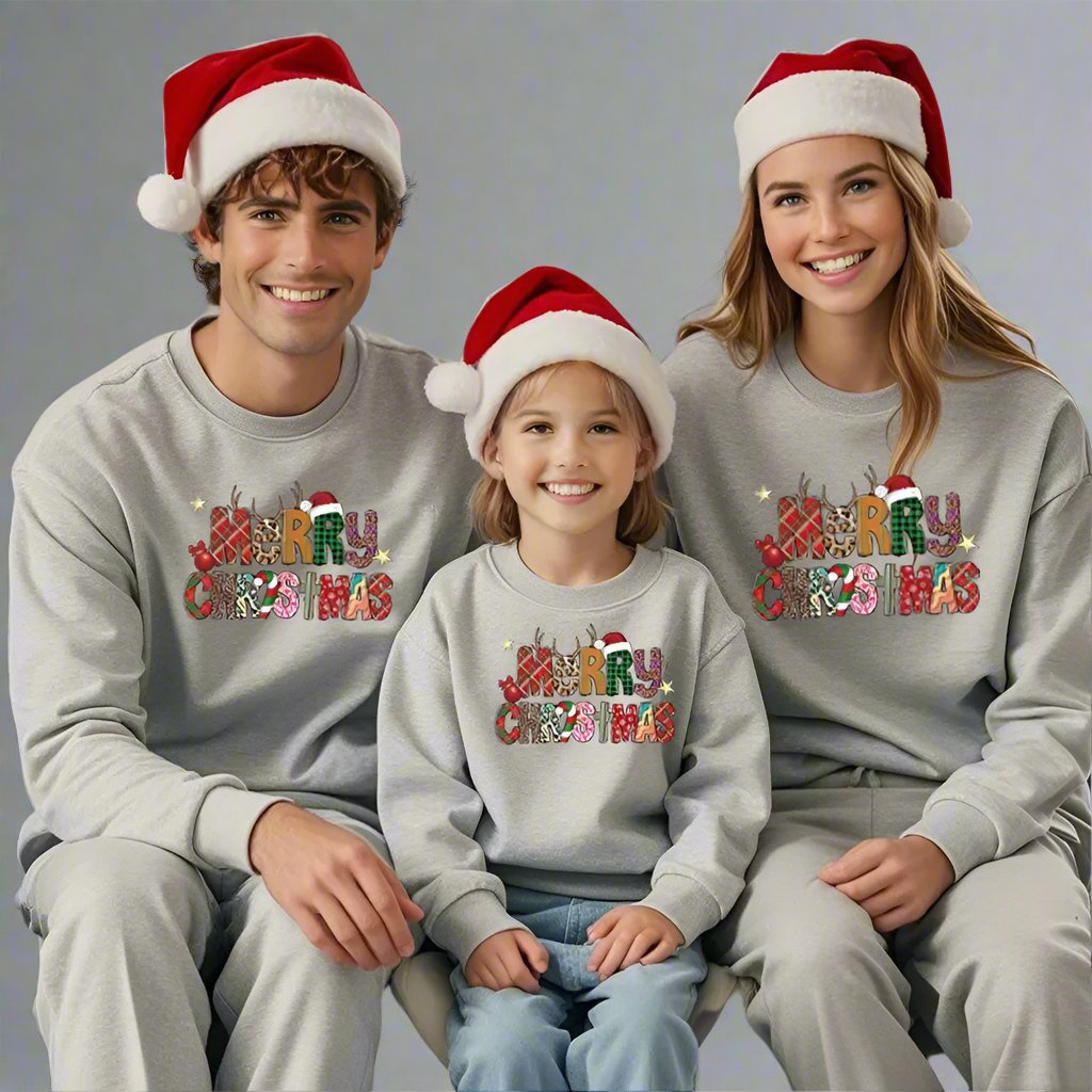 Cozy family Christmas sweatshirts with festive 'Merry Christmas' text in red, gray, and white