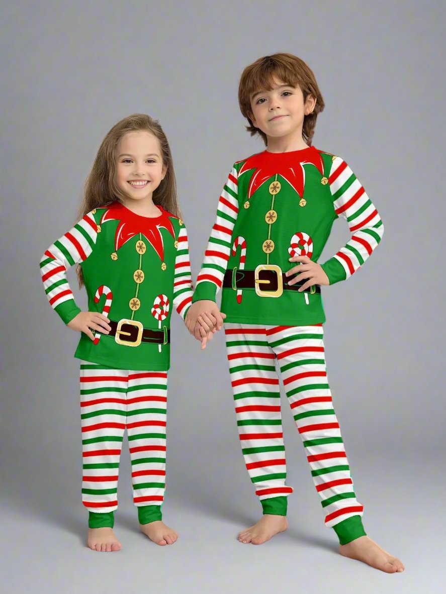 Cozy family Christmas pajamas with elf design and candy cane-striped pants and sleeves