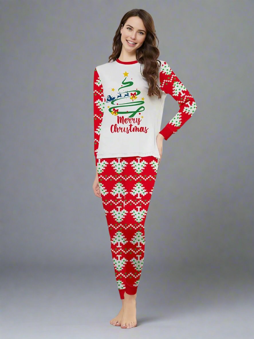 Family holiday pajamas featuring Merry Christmas tree design and red festive print