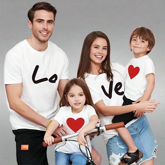 Matching family shirts with 'Love' and heart design, perfect for mom, dad, and kids