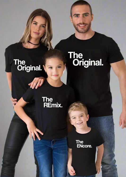 Family wearing matching shirts with 'The Original,' 'The Remix,' and 'The Encore' text, fun coordinated outfits