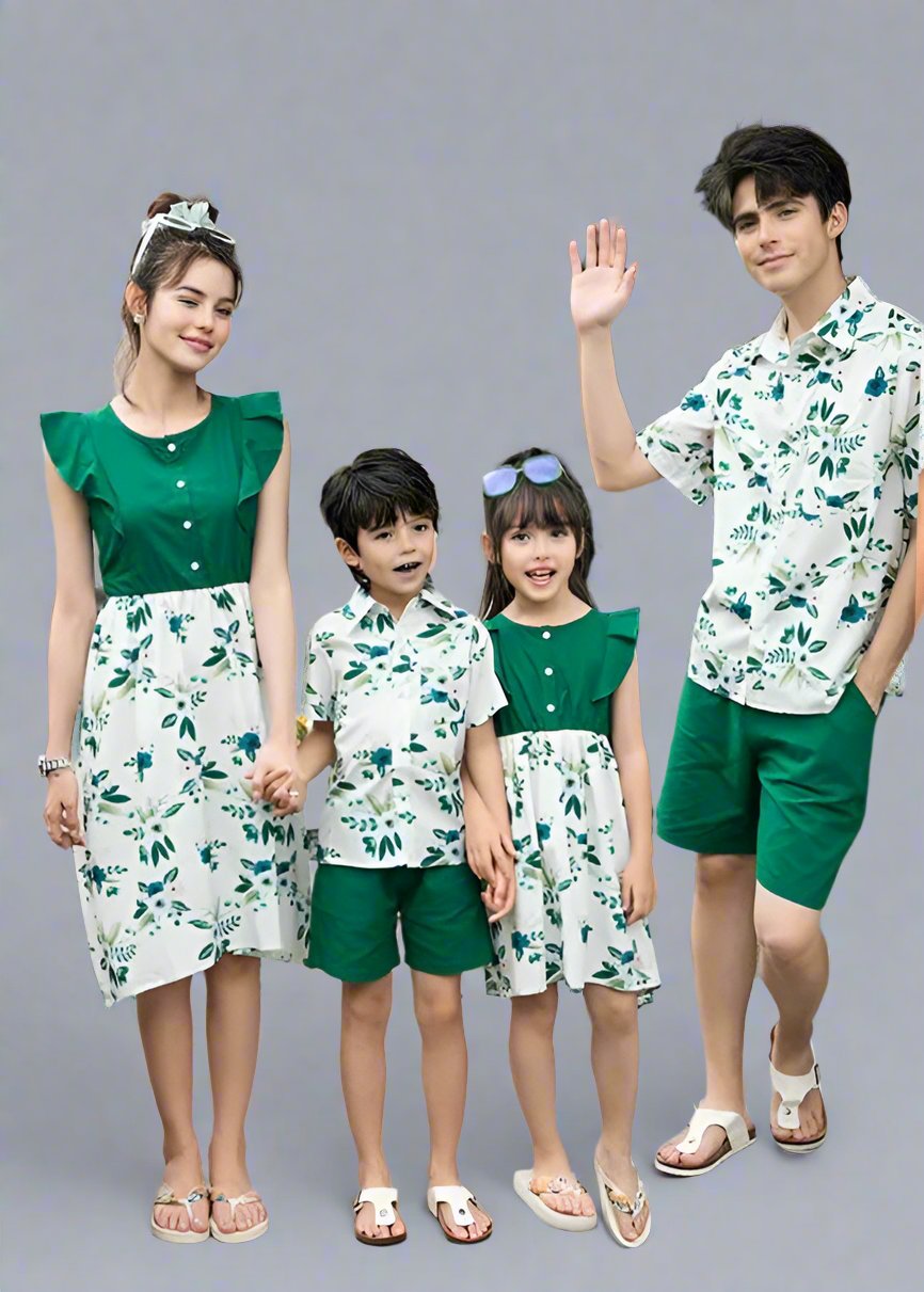 Coordinated family outfits in green floral print, ideal for summer gatherings and vacations