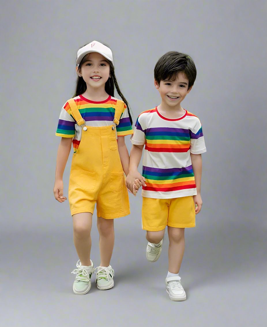 Family of four wearing matching rainbow-striped outfits with yellow shorts, a fun and stylish summer look