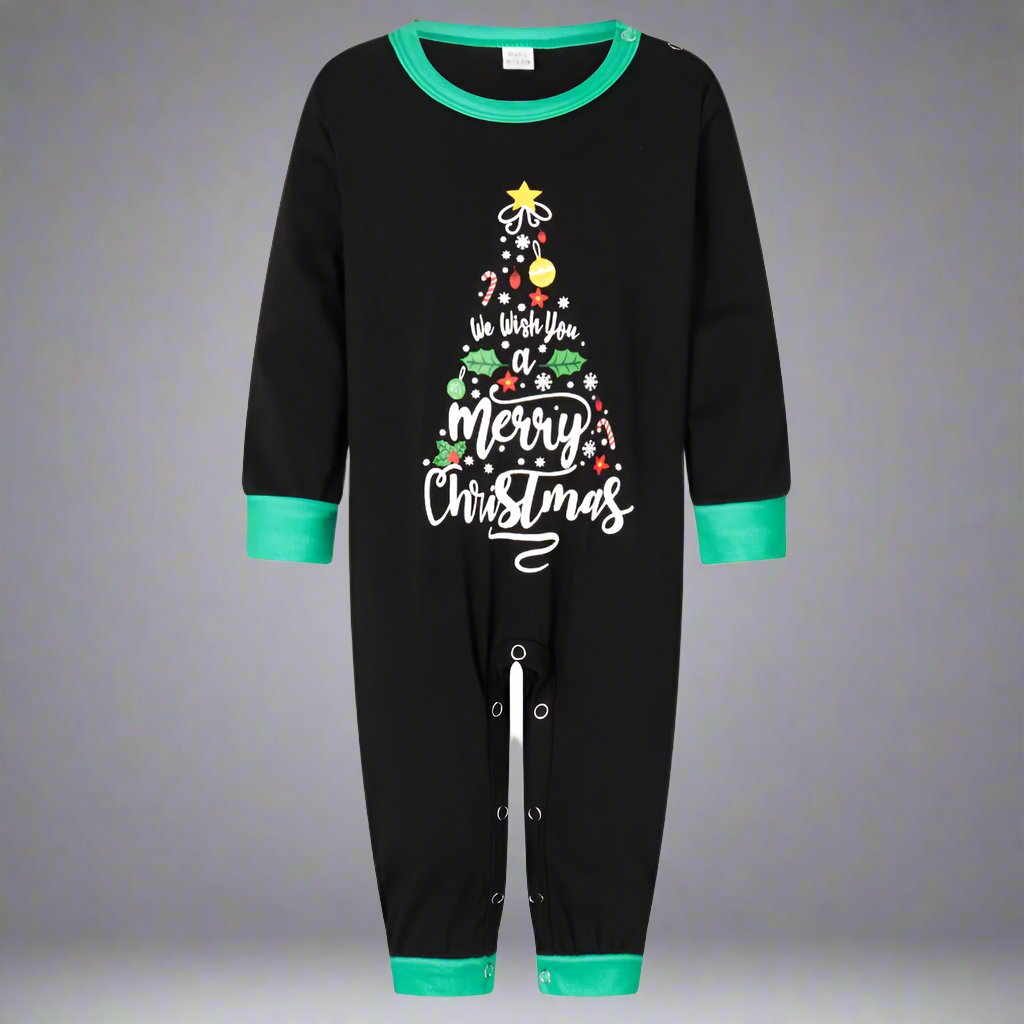 Matching family pajamas with holiday message in black and green plaid design