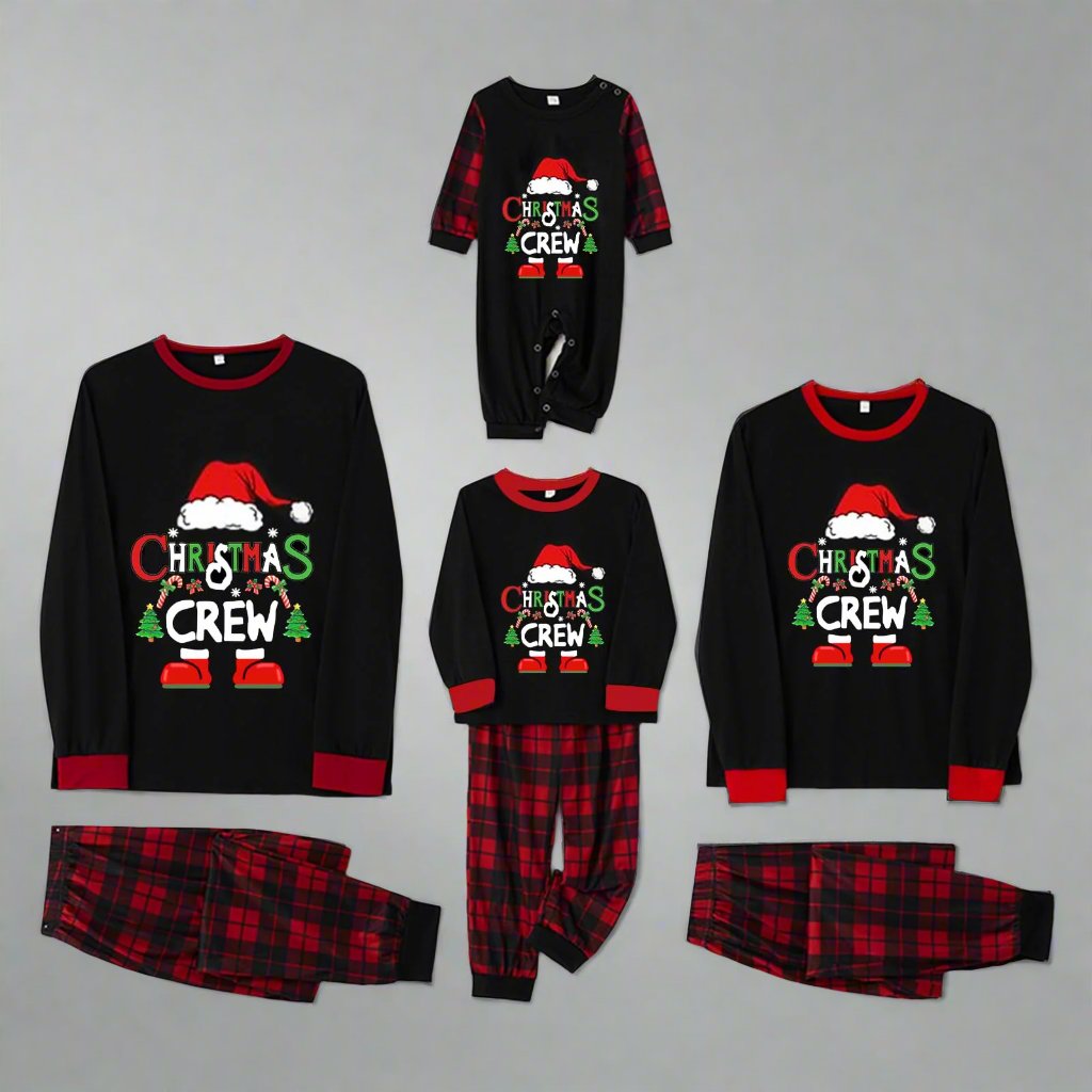 Matching family pajamas in black and red plaid with Christmas Crew and Santa hat print