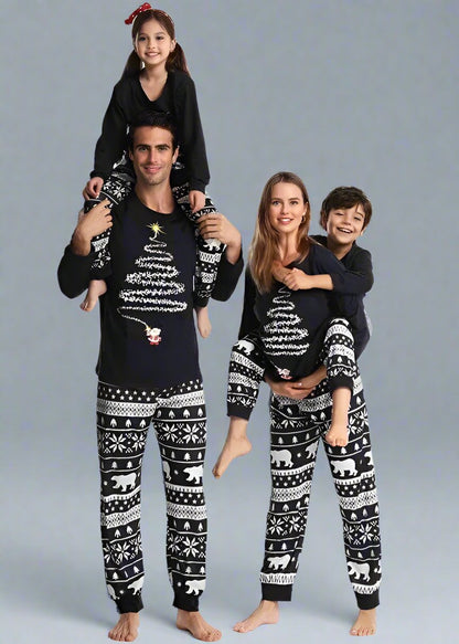 Family pajamas set with red holiday tree design and cozy Nordic-style bear print pants