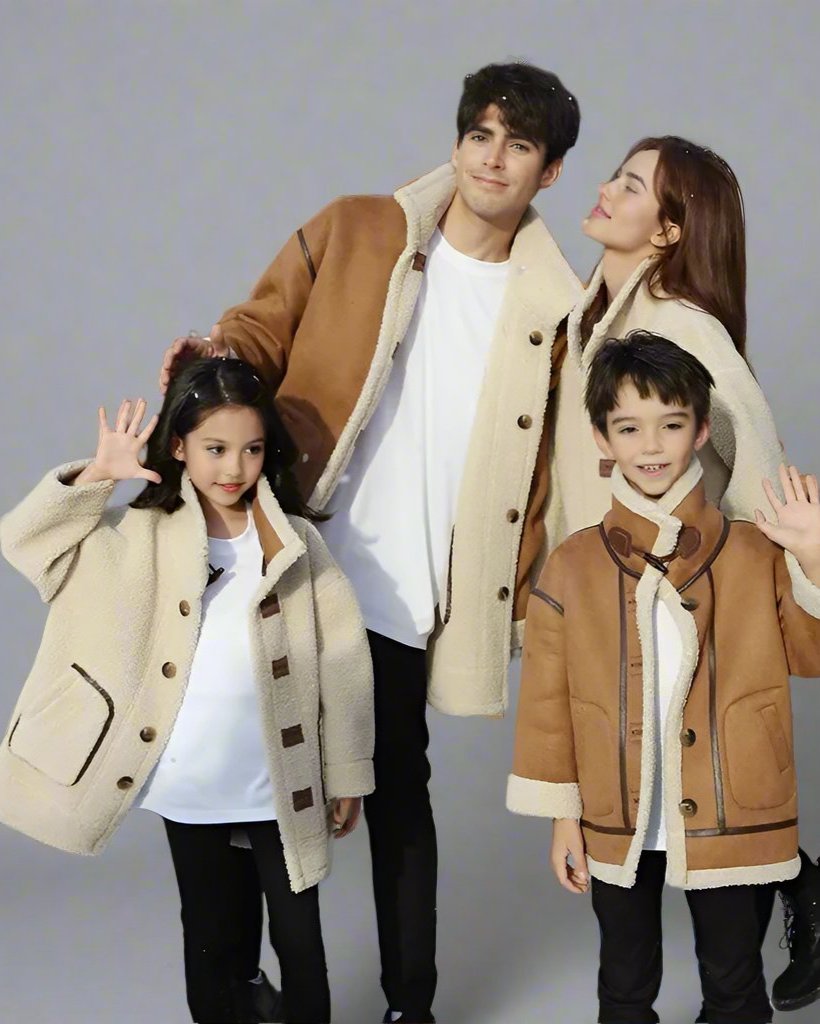 Family of four in matching shearling-lined brown coats and black pants, posing happily outside a snowy wooden cabin