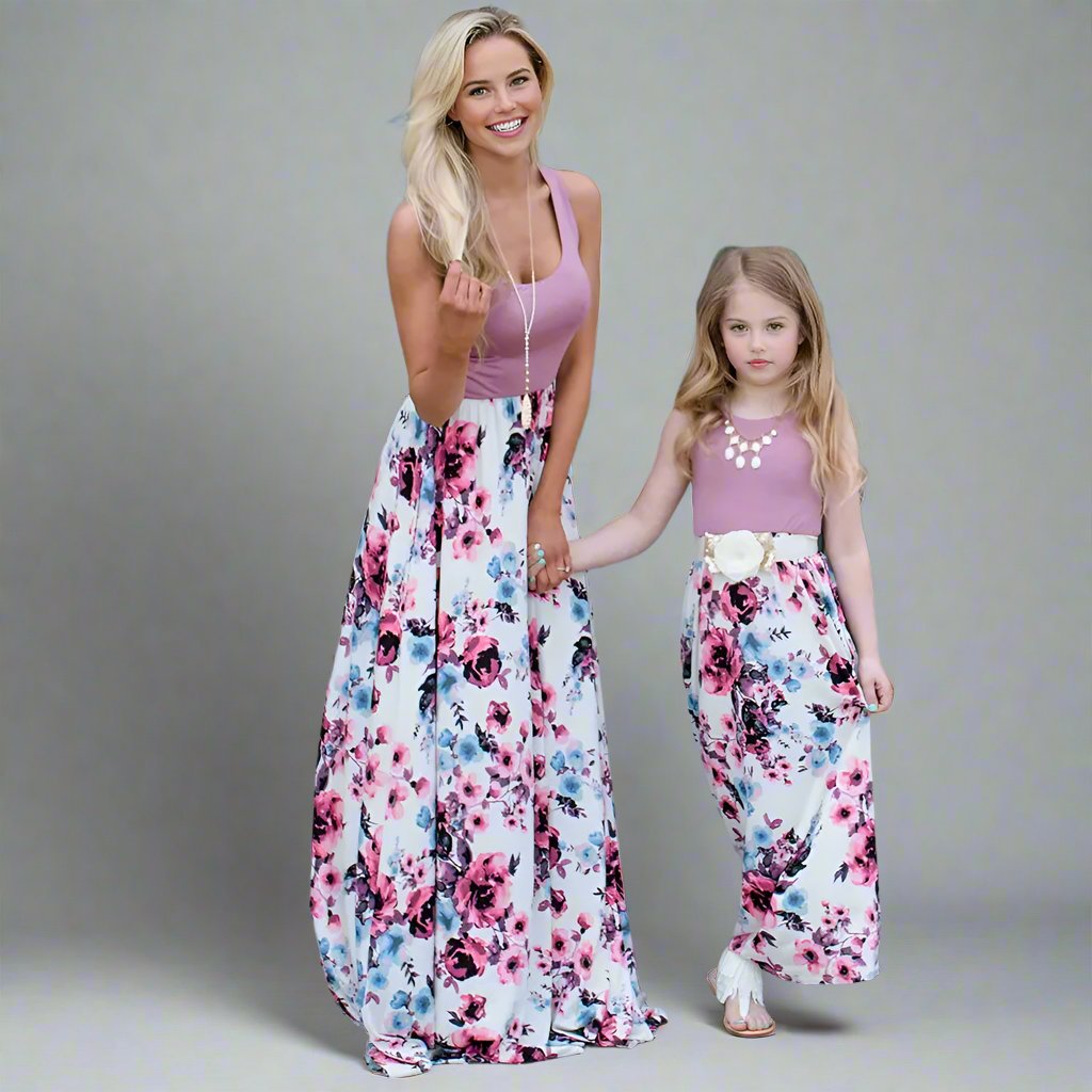 Mommy and me matching floral maxi dresses, styled for summer outings