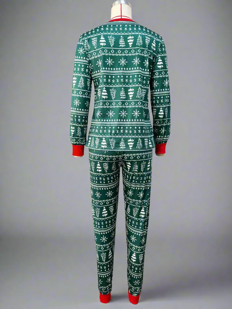 Family pajama set with Nordic design, green with red details for holiday seaso