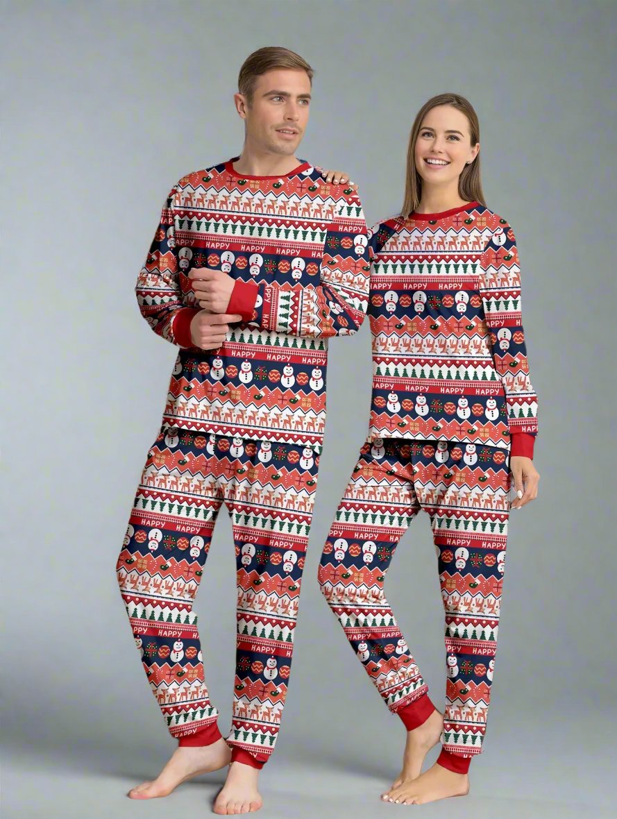 Festive family Christmas pajamas featuring holiday icons like Santa, reindeer, and snowflake