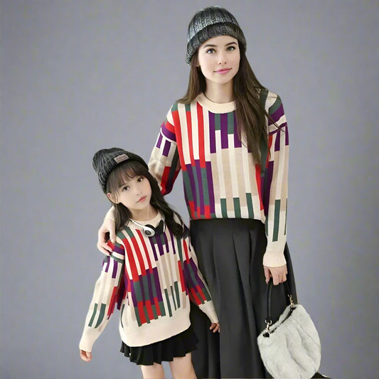 Mom and daughter wearing matching colorful striped sweaters with black skirts and hats, perfect for family outfits