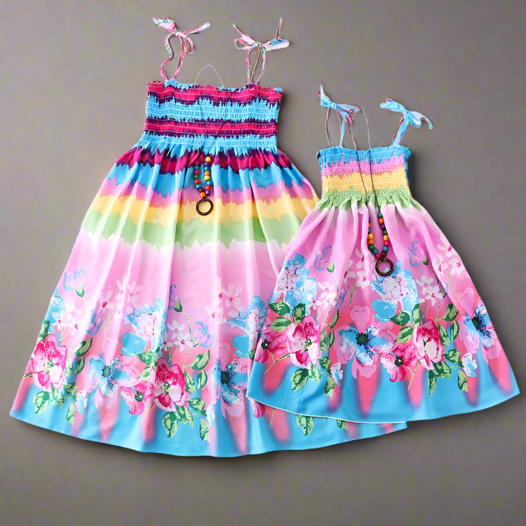 Pink and multicolor floral matching dresses for mommy and me