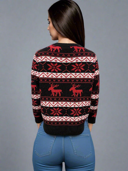 Matching black and red Christmas sweaters with reindeer and snowflake patterns for families celebrating the holidays