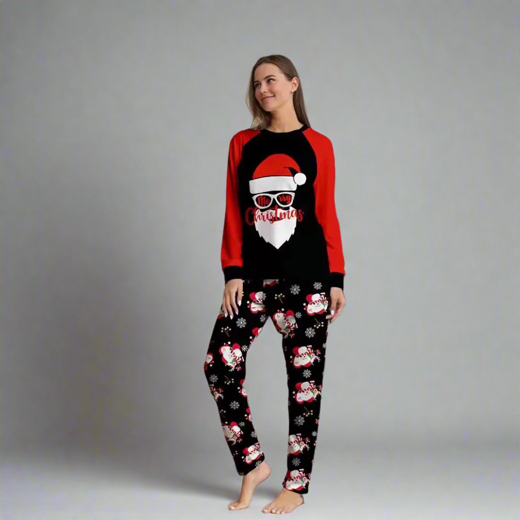 Black and red Santa family Christmas pajamas with festive design