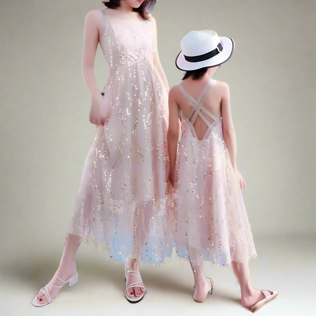 Mother and daughter in matching sequin dresses for a summer outing