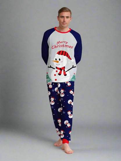 Blue and red matching family Christmas pajamas with snowman prin