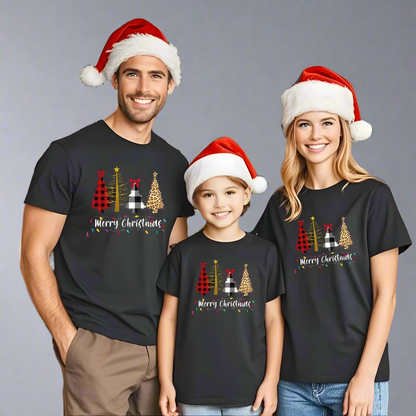 Parents and child wearing coordinating Christmas t-shirts with buffalo plaid and Christmas tree graphics