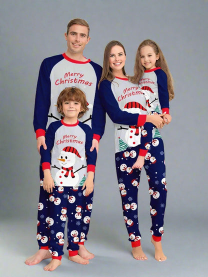 Matching family Christmas pajamas with snowman and 'Merry Christmas' design