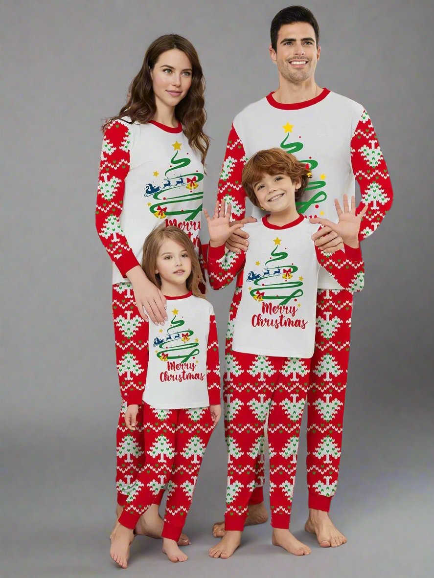 Matching family Christmas pajamas with Merry Christmas tree design in red and white holiday patterns