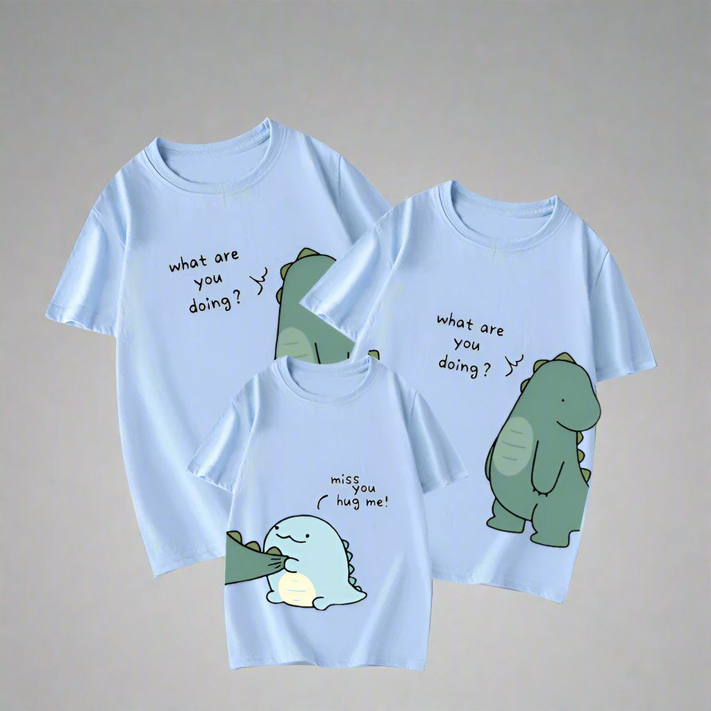 Cute dinosaur family shirts with 'Miss you, hug me!' and 'What are you doing?' phrases