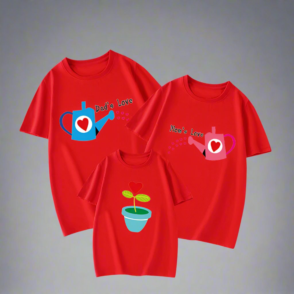 Family love shirts with watering cans for mom and dad, plant with heart on kid's shirt