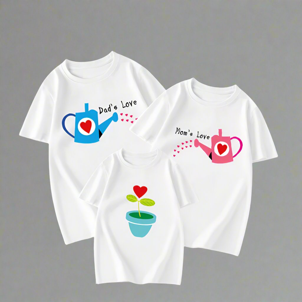 Love-themed family shirts with mom and dad watering cans, child's shirt with a growing plant