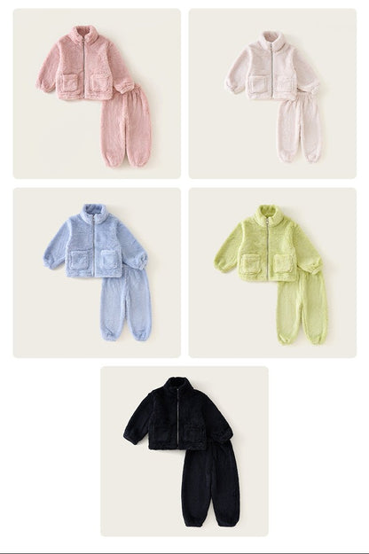 Soft and cozy loungewear for mom and child, available in multiple colors including cream, pink, black, blue, and green