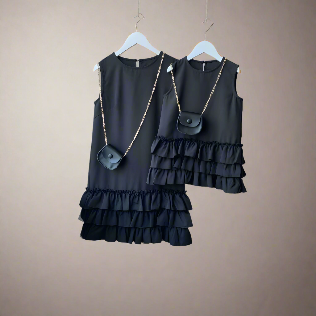 Matching black tiered ruffle dresses for mother and daughter casual outing