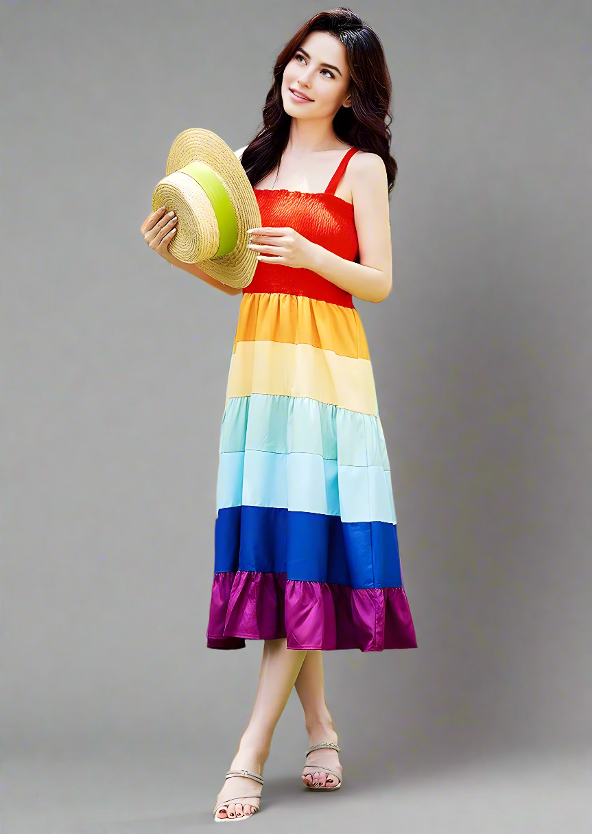 Vibrant tiered rainbow dresses for mother and daughter, perfect for warm days