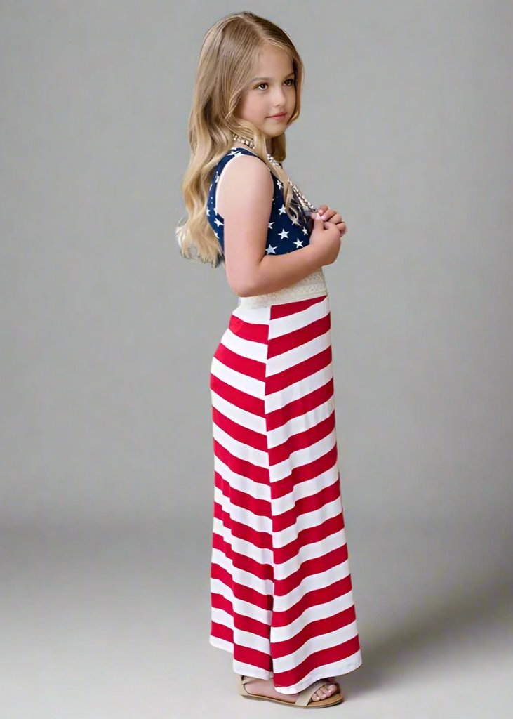 Mother and daughter in matching American flag dresses, ideal for family events and patriotic holidays