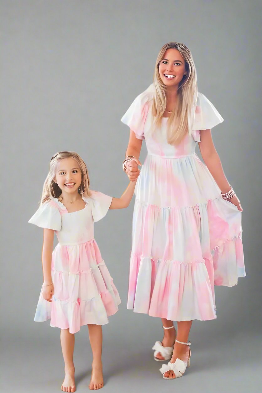 Mother and daughter wearing matching pastel tie-dye dresses, perfect for family outings.