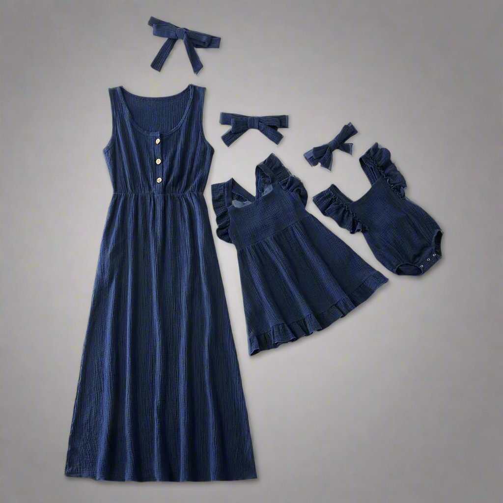 Elegant family matching navy dresses for mother, daughter, and baby girl.