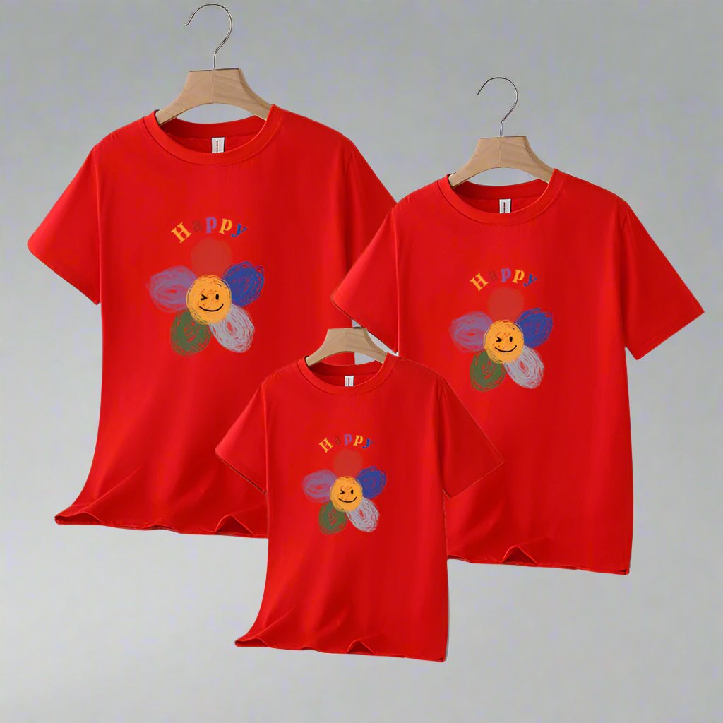 Colorful happy flower family matching shirts in red, blue, black, and whit