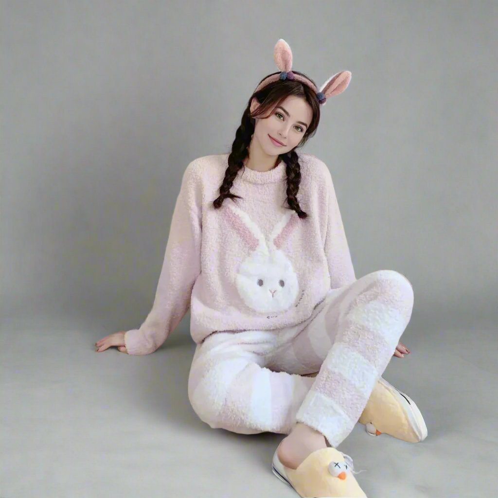 Soft and cozy pink bunny-themed fuzzy pajamas set for family matching outfits