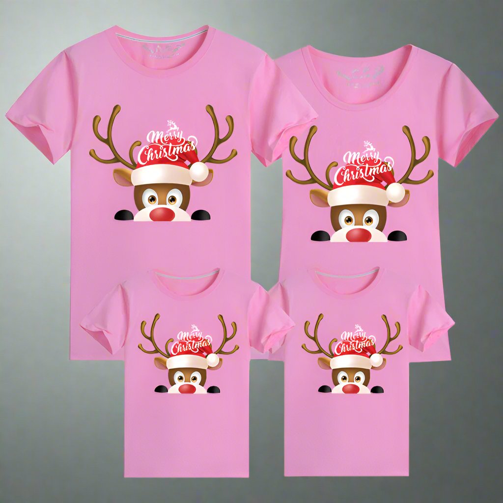 Pink family matching t-shirts with a reindeer in a Santa hat and 'Merry Christmas' festive design