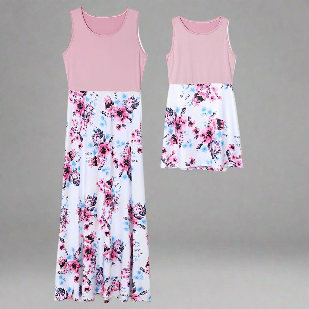 Coordinated pink floral maxi dresses for mom and daughter