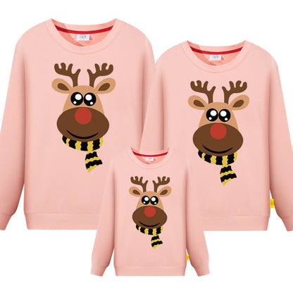 Pink family Christmas sweaters with an adorable reindeer wearing a striped scarf and red nose design