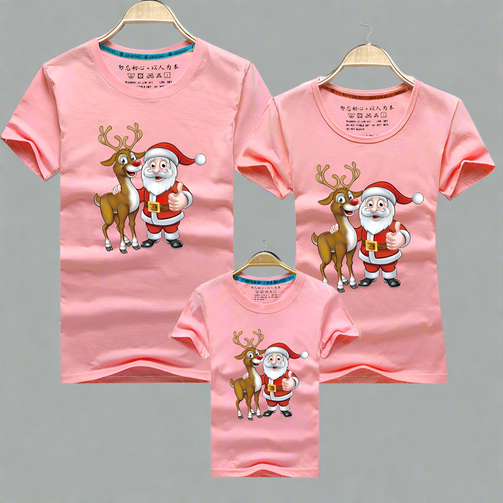 Pink Santa and reindeer-themed matching t-shirts for families celebrating Christma