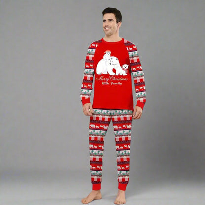 Holiday-themed matching family pajamas with Santa Claus and polar bear design on festive red fabric