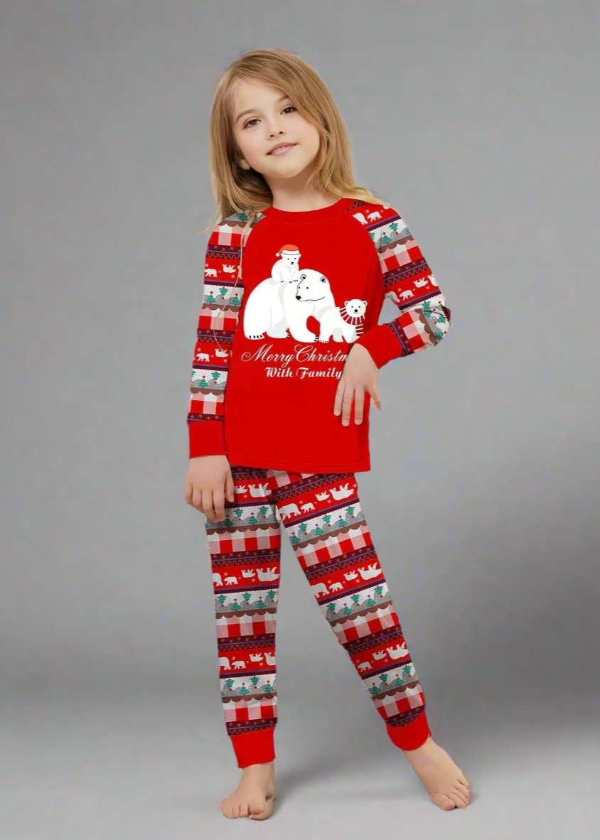 Festive family pajama set with polar bear and Santa Claus print, ideal for holiday photos