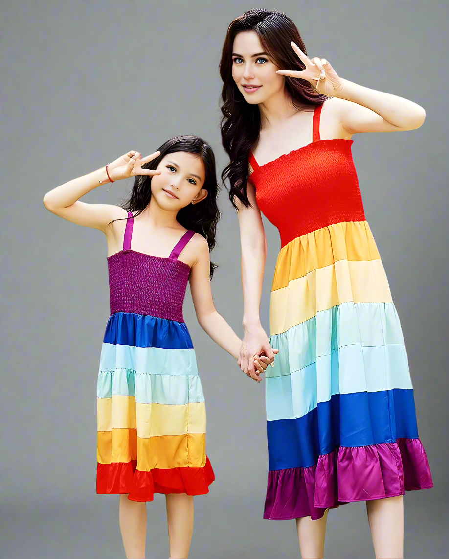 Mother and daughter wearing matching rainbow-striped dresses for a colorful summer loo